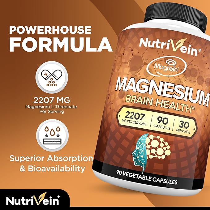 Nutrivein Premium Magnesium L-Threonate &amp Berberine Supplement Bundle: High Absorption Berberine HCL + Magnesium Threonate Supplement Pair for Digestion Rest and Well-Being