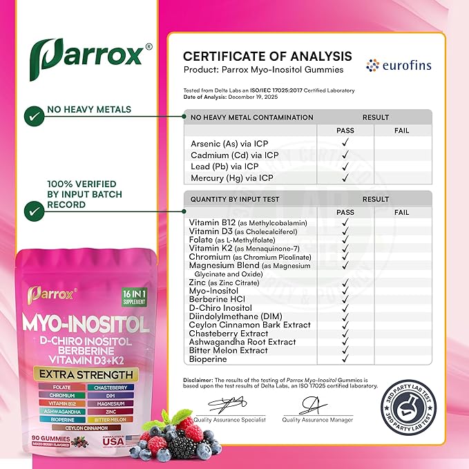 Myo-Inositol &amp D-Chiro Inositol Gummies with Berberine Vitamins D3+K2 B12 Folate Zinc Magnesium Ashwagandha Chasteberry Bioperine DIM - 16 in 1 Supplement - Mixed Berry Flavor - 90 Gummie