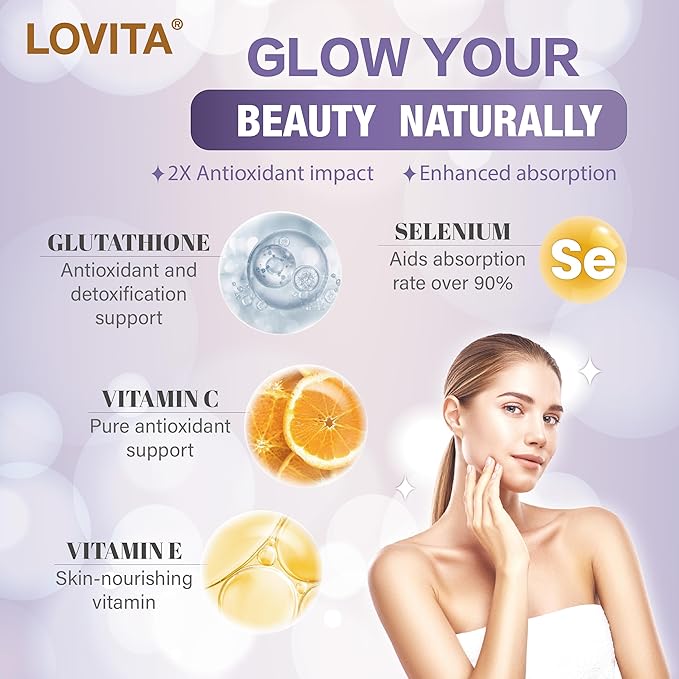 Lovita Glutathione Complex 500mg for Radiant Skin &amp Immunity Support | 99.8% Purity with Vitamin C Selenium &amp E Vegan Non-GMO Gluten-Free 60 Vegetarian Tablets