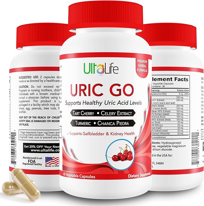 #1 URIC GO Uric Acid Cleanse Support Supplement for G.O.U.T - Natural Kidney Cleanse Detox Formula Chanca Piedra Celery Seed Tart Cherry Cranberry Pomegranate Turmeric Vegan Non-GMO 60 Capsules