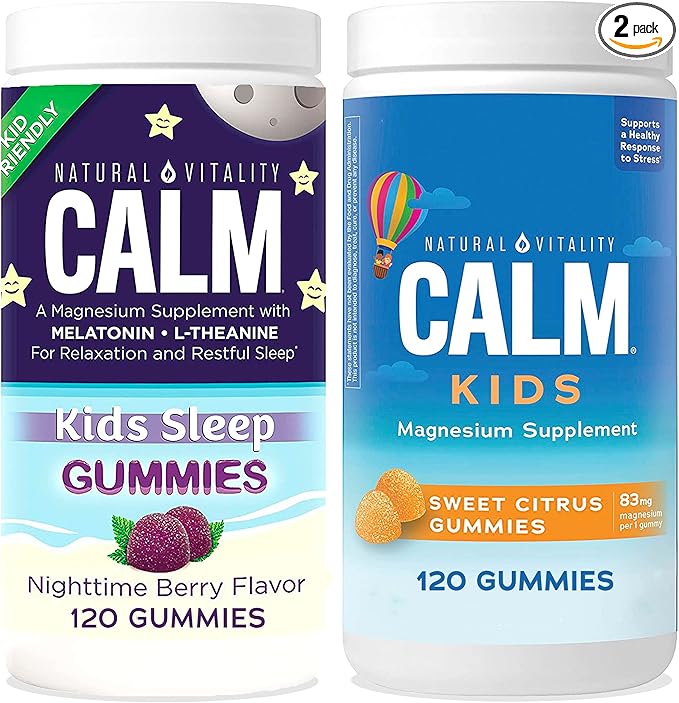 Natural Vitality Calm Magnesium Citrate Kids Supplement Stress Relief Gummies Supports a Healthy Response to Stress Gluten Free Vegan - Sweet Citrus (120 Gummies) &amp Nighttime Berry (120 Gummi