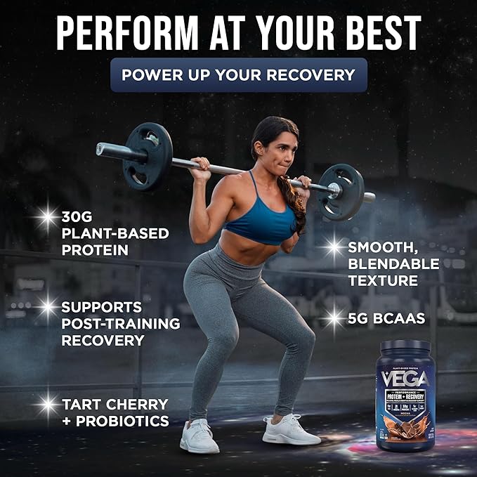 Vega Sport Vegan Protein Powder + Recovery - 30g Plant Based Protein per Serving Mocha 19 Servings 5g BCAAs Probiotics NSF Certified for Shakes &amp Smoothies 1.8lbs (Packaging May Vary)
