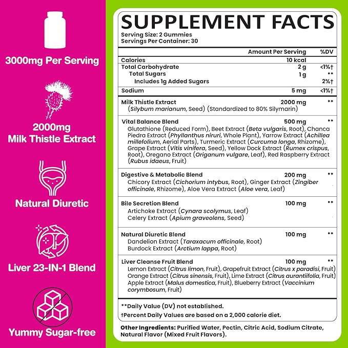 Liver Cleanse Detox &amp Repair Gummies 2000 mg Milk Thistle Supplement with Dandelion Root Glutathione &amp Artichoke 23-in-1 Herbal Formula for Liver Detox &amp Health Non-GMO Vegan 16 Pack