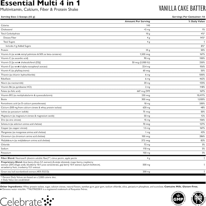 Celebrate Vitamins 4-in-1 Bariatric Multivitamin with Calcium Citrate Protein Shake 500mg Calcium for Post Bariatric Surgery Vanilla Cake Batter 14 Servings