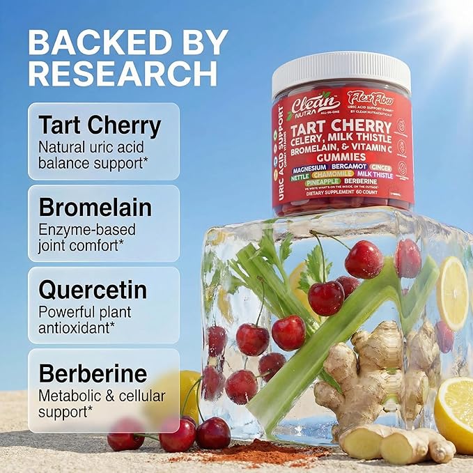 Clean Nutra Tart Cherry Gummies Uric Acid Flush Celery Milk Thistle Bromelain Vitamin C Magnesium Citrus Bergamot Ginger Stinging Nettle Leaf Chamomile Berberine Quercetin Support 60 Gummy Vitamins