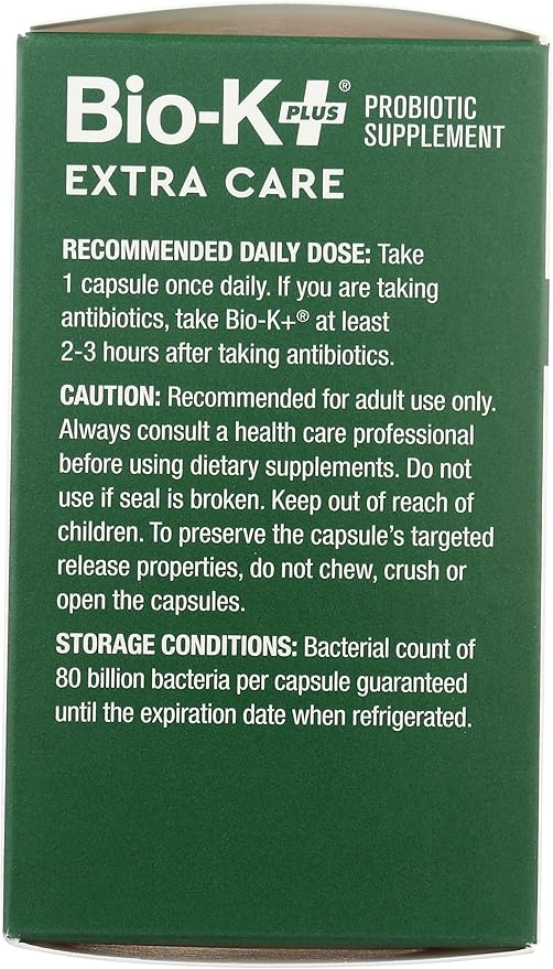 Bio-K + Extra Care Probiotic Supplement Capsules for Adult Men and Women 80 Billion Active Bacteria Promotes Immune System Health - Vegan &amp Gluten-Free Delayed Release 30 Capules/Box]