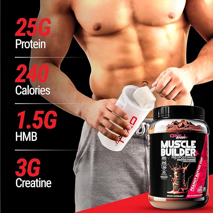 GMU SPORT – Muscle Builder+ Protein with 3g Creatine 1.5g HMB Collagen &amp Enzymes | 25g Protein 28g Carbs 240 Calories | Low Sugar Whey Protein for Strength Recovery &amp Muscle Growth – 20 S