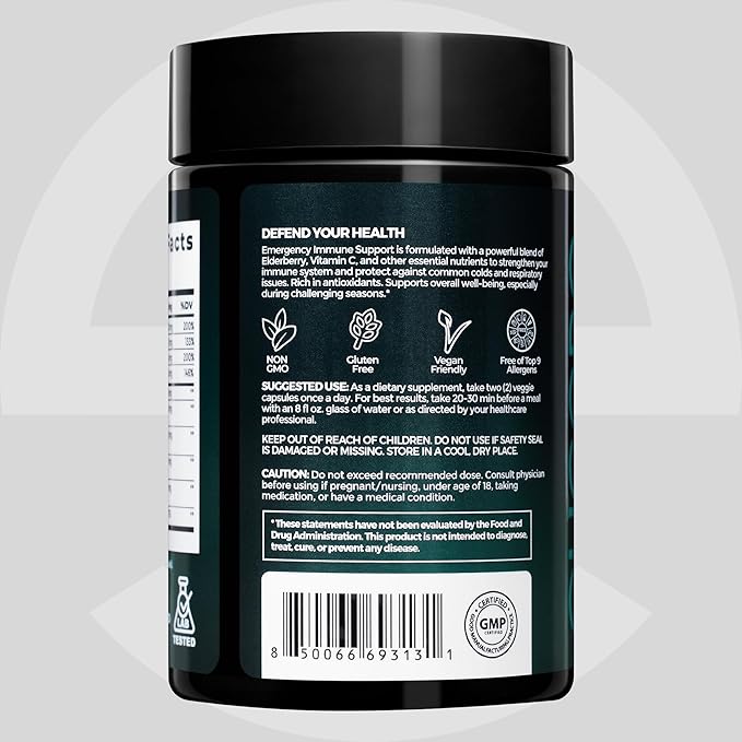 Premium Emergency Immune Support Supplement – Immune Booster for Adults – Vitamin C E B6 Zinc Elderberry Echinacea Garlic &amp Turmeric – Gluten Free Vegan Friendly – 60 Capsules