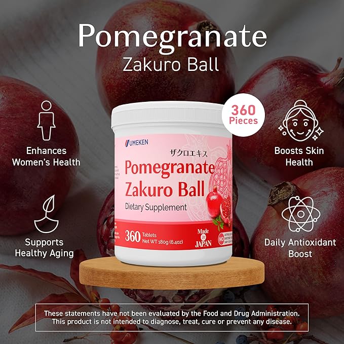 Umeken Pomegranate Zakuro Ball Chewable Supplement Natural Pomegranate Extract with Vitamins and Minerals Japanese Supplement for Women 360 Count per Bottle 4 Month Supply Pack of 2 Bottles
