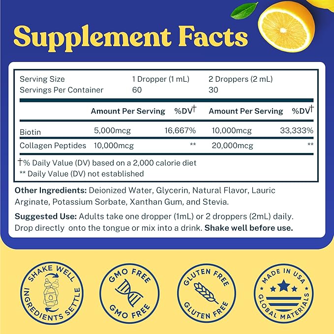 Liquid Collagen Peptides Supplement with Biotin - 30000mcg Hydrolyzed Liquid Collagen for Women plus Biotin Hair Skin Nail Support - Sublingual Direct Drops or in Drinks - Natural Lemon 2 oz
