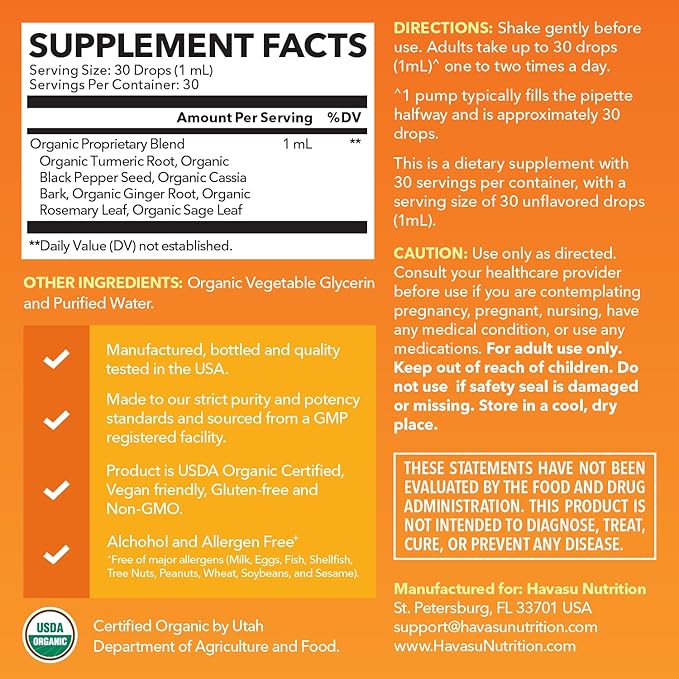 USDA Organic Turmeric Liquid Drops with Black Pepper - 1000mg Curcumin Supplement for Immune &amp Digestive Health - 30 Servings - Enhanced Absorption - Non-GMO Vegan Gluten Free - Unflavored 1 Fl