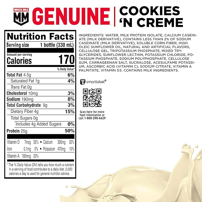 Muscle Milk Genuine Protein ShakeCookies and Creme11.16 Fl Oz Bottle25g ProteinZero SugarCalciumVitamins AC &amp D4g FiberEnergizing SnackWorkout RecoveryPackaging May Vary(Pack of 24)