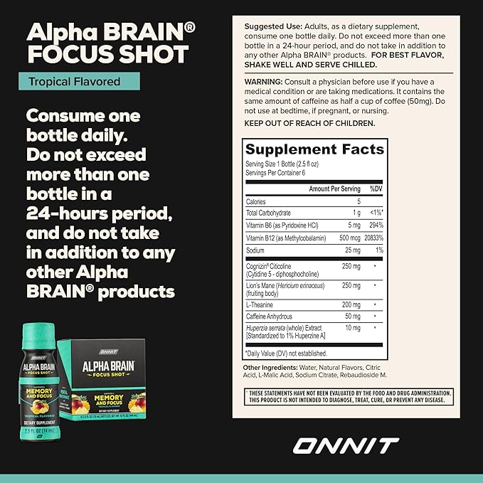 ONNIT Alpha Brain Focus Shot Tropical Flavor Nootropic Dietary Supplement Drink that Supports Energy Focus and Mood IGEN™ Non-GMO Tested 2.5 fl oz 6 Count