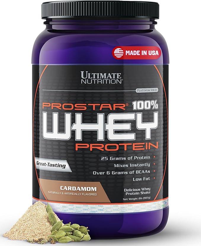 Ultimate Nutrition Prostar Whey Protein Powder Isolate Cardamon - Low Carb High Protein Powder Shake for Muscle Gain &amp Recovery - Low Sodium Low-Fat &amp Keto Friendly - 2 lbs Tub