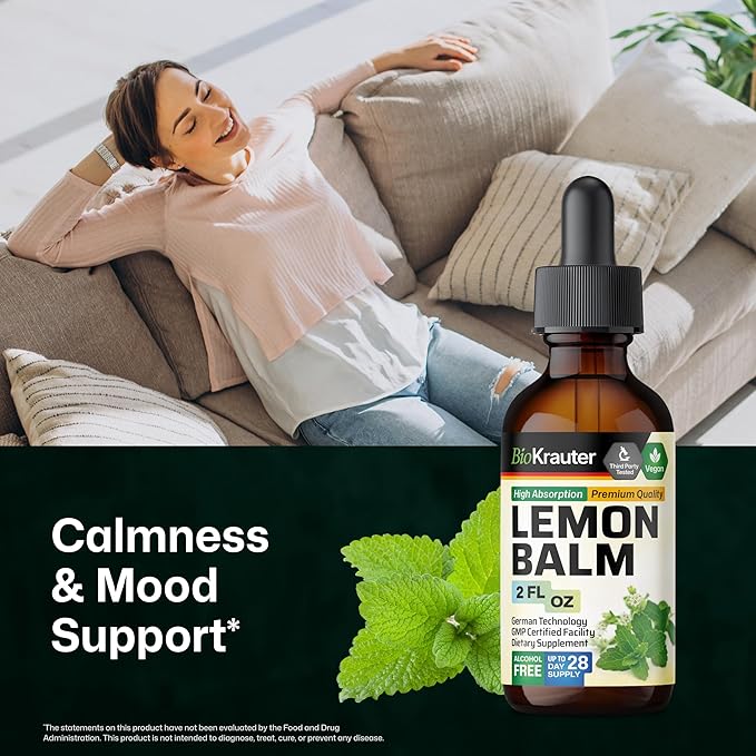 BIO KRAUTER® Lemon Balm Tincture 680 mg Melissa Officinalis - Pure Vegan Lemon Balm Extract 2 Fl.Oz 28 Days of Supply - Natural Calming &amp Sleep Support - Alcohol &amp Sugar Free - Digestion &amp