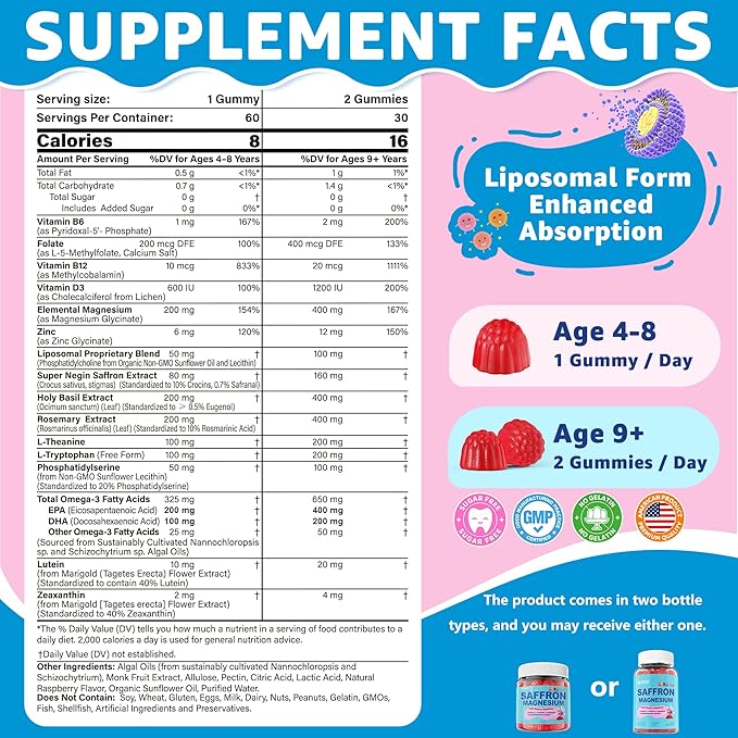 Saffron +Magnesium Glycinate +Omega-3 - Calm Focus Gummies for Kids 4+ Saffron Extract Supplement with L-Theanine Holy Basil Rosemary B6 D3 for Happy Mood Cognition ZZz Sugar Free 2 Pack