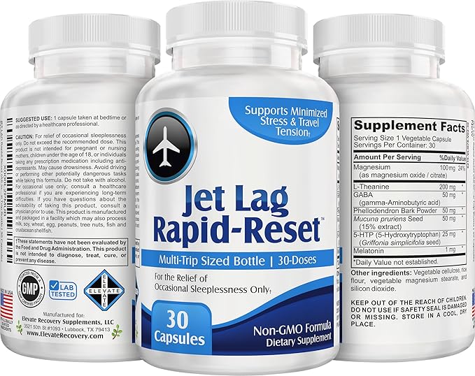 Jet Lag Rapid-Reset (7-in-1) Support Supplements | Optimize Your Travel Routine | Jet Lag Supplement for Travelers | 30 Capsule Doses Per Bottle