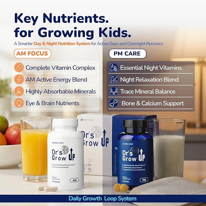 BONE SCIENCE Dr’s Grow UP AM &amp PM Bone and Growth for Kids and Teens Day and Night System Daily Formula with Highly Absorbable Essential Minerals Vitamin D3 and K2 (MK-7)