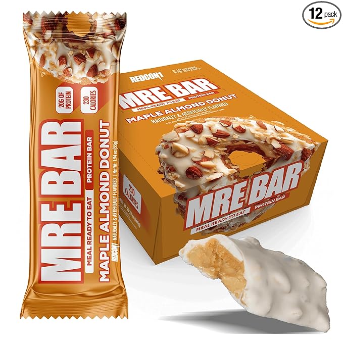 REDCON1 MRE Maple Almond Donut Protein Bars - 12 Count Snack Bars for Breakfast or Post-Workout