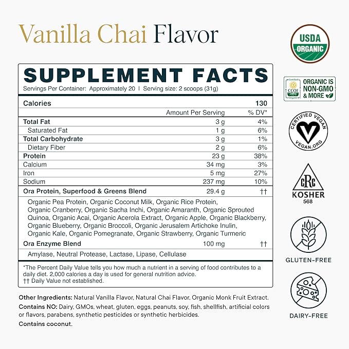 Ora Organic Vegan Protein Powder - 23g Plant-Based Protein Powder for Women and Men | Clean Protein Source Keto Friendly Gluten Free Paleo Dairy-Free Soy-Free - Vanilla Chai - 20 Servings