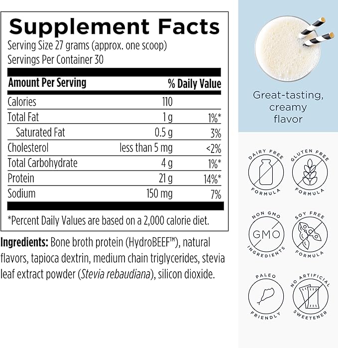 Designs for Health Bone Broth Protein Powder – 21g Grass-Fed Collagen-Rich Beef Protein Isolate – Vanilla Paleo Non-GMO Dairy-Free (30 Servings / 810g)