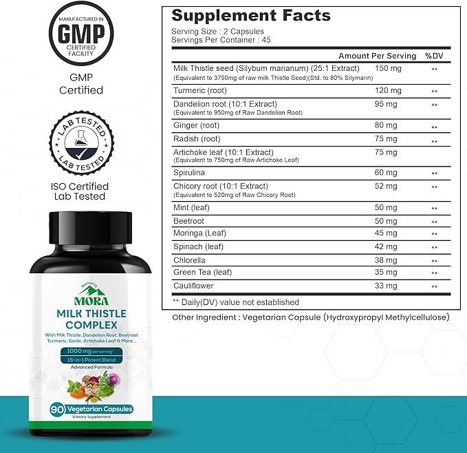 Well Being Mora Milk Thistle Complex I 15-in-1 Potent Blend Advance Formula with Beetroot Turmeric &amp Garlic I Supports Digestion Detox &amp Overall Vitality I 90 Vegan Supplement for Men &amp