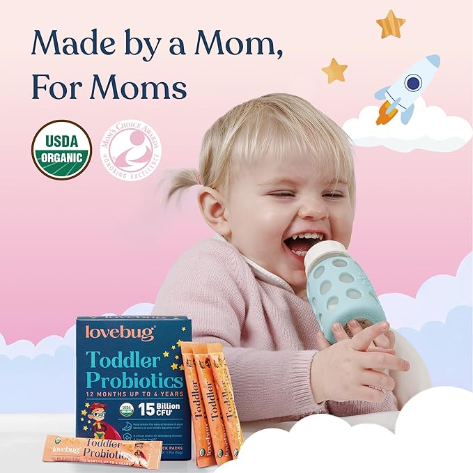 LOVEBUG Kids Probiotic Powder with Prebiotic Fiber - Toddler Immunity Support &amp Constipation Relief - USDA Organic Probiotics for Childrens Gut &amp Digestive Health (Ages 1-4) - 60 Pack (Unflavo