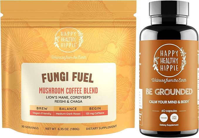 Happy Healthy Hippie Fungi Fuel Mushroom Coffee &amp Be Grounded Stress Relief Supplement