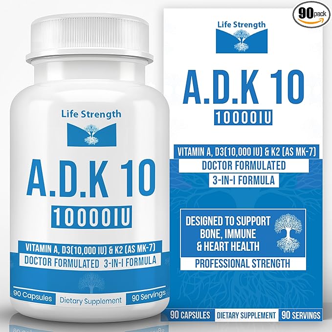 ADK 10 Supplement 10000 IU (90 CT) - Physician Formulated ADK Vitamins A D3 &amp K2 (as MK7) for Bone Health - Immune System Support - Gluten Free Soy Free Non-GMO