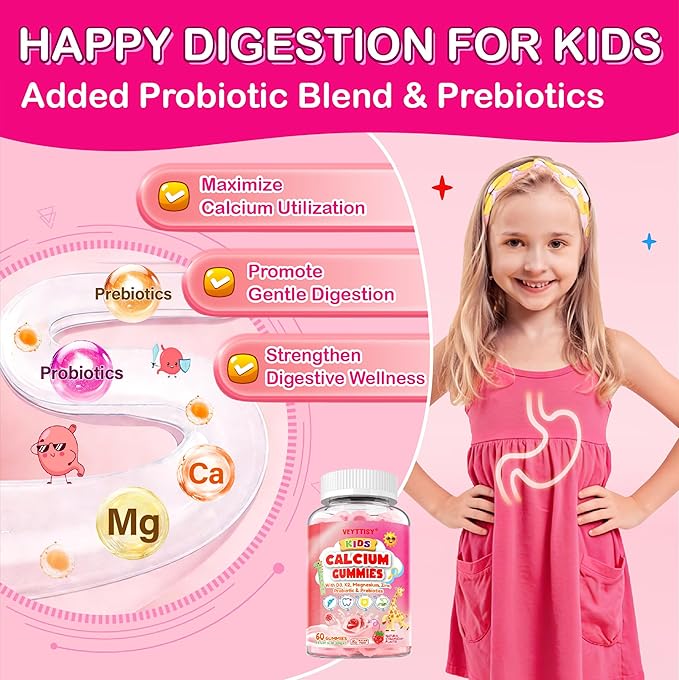Kids Calcium Gummies with D3 &amp Magnesium for 4+: Sugar Free Calcium Citrate with Vitamin D3 K2 Zinc Probiotics &amp Prebiotics for Kids - Gluten Free Non-GMOVegan Natural Strawberry Flavor