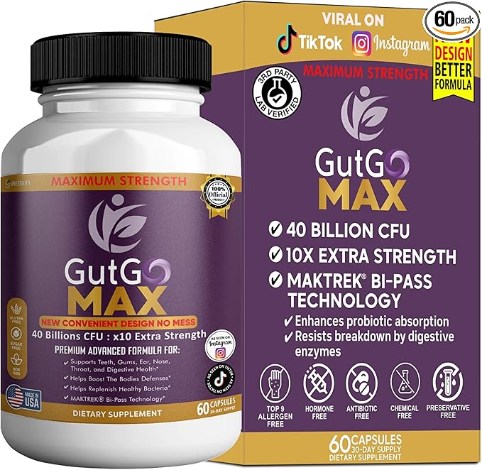 GutGo Max Probiotic Supplement 40 Billion CFU 60 Capsules Maximum Strength Gluten Free Sugar Free (1)