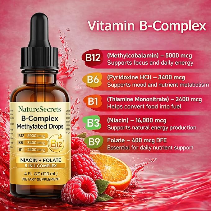 NATURESECRETS B-Complex Methylated Drops with B12 B6 B1 Fast Sublingual Absorption Essential B Vitamins for Energy &amp Nervous System Support Raspberry Flavor 120 mL / 4 fl oz