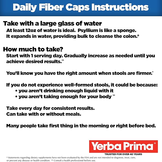 Yerba Prima Daily Fiber Caps Formula 400 Capsules (Pack of 2) - Both Soluble/Insoluble Fiber with Psyllium Seed Husks Acacia Gum Apple Fiber Supplement