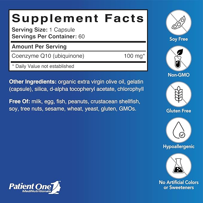 Patient One Coenzyme Q10 (CoQ10) 100 mg | Antioxidant Supplement to Support Heart and Vascular Health* | with Organic Olive Oil | 60 Capsules