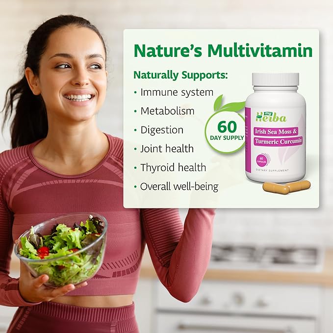 Organic Irish Sea Moss &amp Turmeric Curcumin Supplement Vegan Formula with Turmeric Extract (Curcuminoids 95%) Joint Mobility Support Gut Health &amp Daily Wellness for Active Adults 60 Capsul