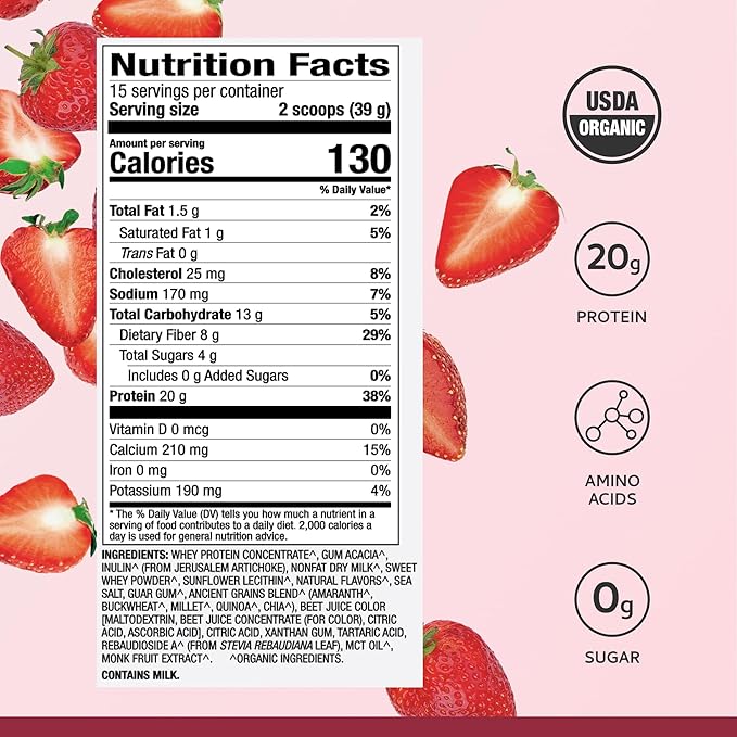 Dr. Mercola Pure Power Organic Whey Protein - 20 g Protein - Supports Muscle Growth &amp Energy - Grass-Fed Whey Concentrate - 15 Servings (20.60 oz) - Strawberry