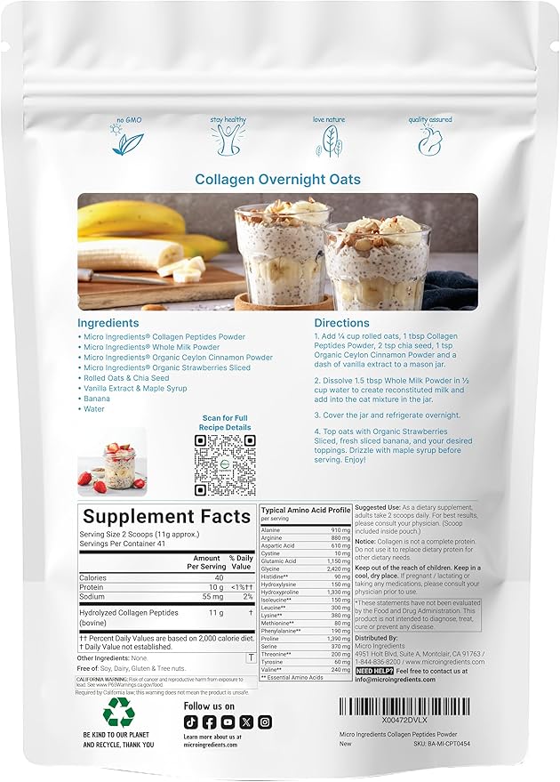 Micro Ingredients Hydrolyzed Collagen Peptides Powder 1lb | Type I &amp III Grass-Fed Collagen for Women &amp Men | Unflavored Protein for Hair Skin Nails Joints* | Easy Dissolve Paleo Non-GMO