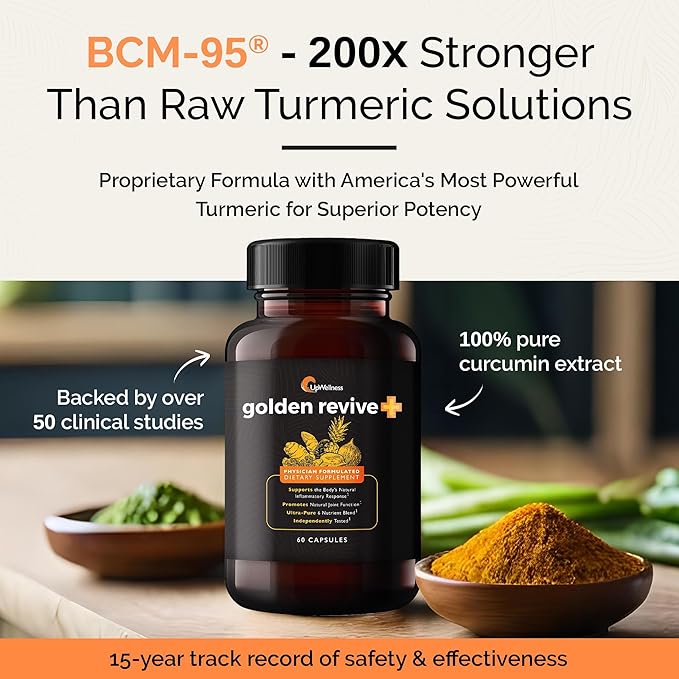 UpWellness Golden Revive + Joint Support Supplement Featuring Turmeric with Black Pepper Quercetin and Magnesium- Turmeric Boswellia Supplement - 6 Active Ingredients for Joint Care - 60 Capsules