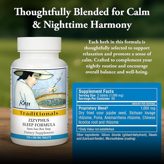 Kan Herbs Company Zizyphus Sleep Formula – Traditional Chinese Herbal Blend for Nighttime Balance and Relaxation Support Promotes Overall Well-Being and Harmony Herbal Supplement 120 Tablets