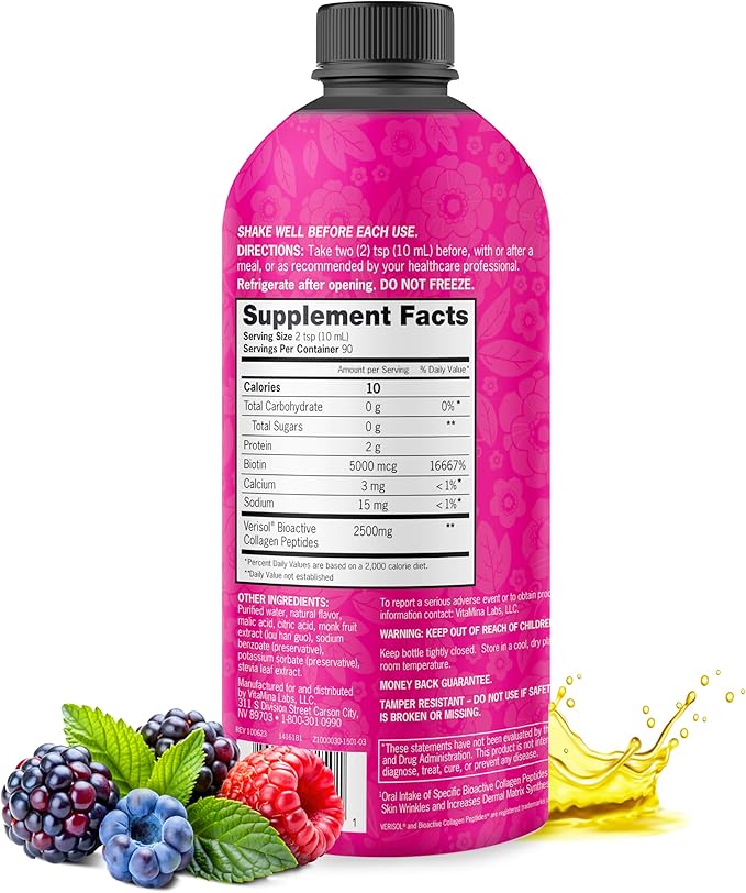 Zena Nutrition Liquid Collagen Peptides and Biotin 2500mg Verisol Bioactive Collagen Peptides 5000mcg Biotin Hair Skin Nail Supplement for Women and Men Mixed Berry 90 Servings 30 fl oz