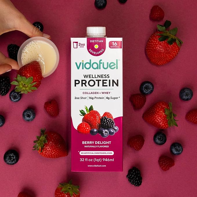 Vidafuel Protein Drink 16g Protein Per 2oz Shot 32 fl oz Carton Berry Collagen and Whey Drink No Artificial Sweeteners