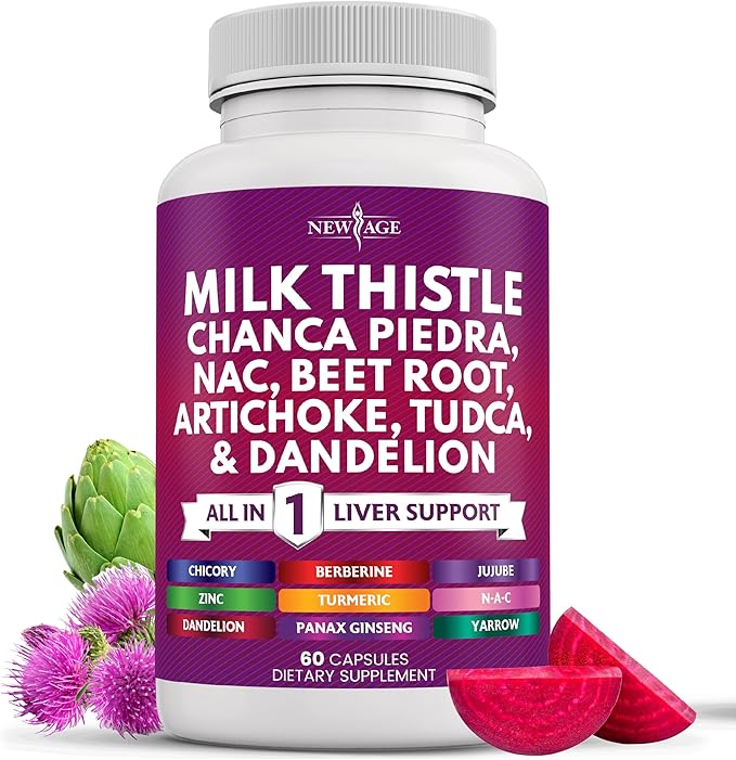 NEW AGE Milk Thistle NAC Chanca Piedra Beet Root Artichoke Dandelion Root Astragalus - Plus TUDCA &amp Ginger - 60 Count