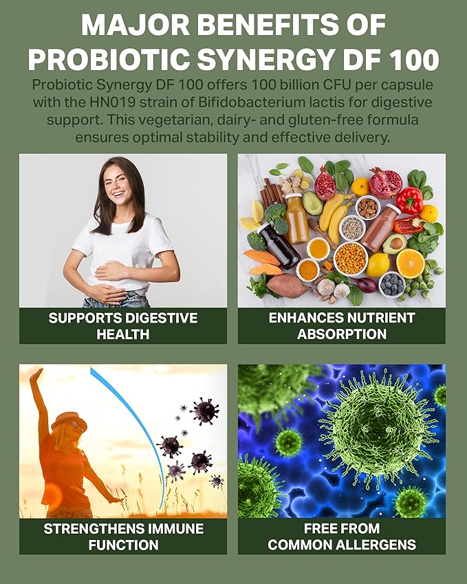 Probiotic Synergy DF 100 Billion CFU - 30 Acid Resistant DRCaps - Lactobacillus Acidophilus La-14 Lactobacillus Plantarum Lp-115 Bifidobacterium Longum Bl-05 HOWARU Bifido HN019