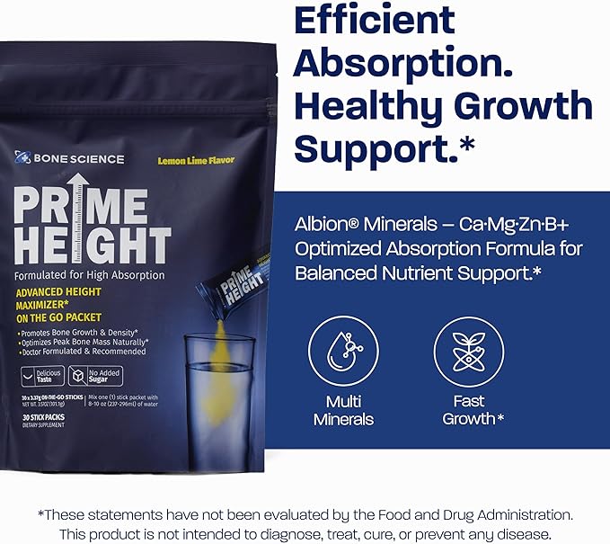 BONE SCIENCE Prime Height Multivitamin Powder for Kids &amp Teens Bone &amp Immune Support Sugar-Free Lemon Lime Flavor 16 Key Nutrients Easy Drink Mix 30 Sticks