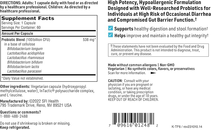 Klaire Labs SFI Health Ther-Biotic Factor 6 Probiotic - Ultra-Strength 100 Billion CFU Probiotics for Men &amp Women - Immune Digestive &amp Colon Health - Hypoallergenic Dairy Free (60 Caps / 2 P