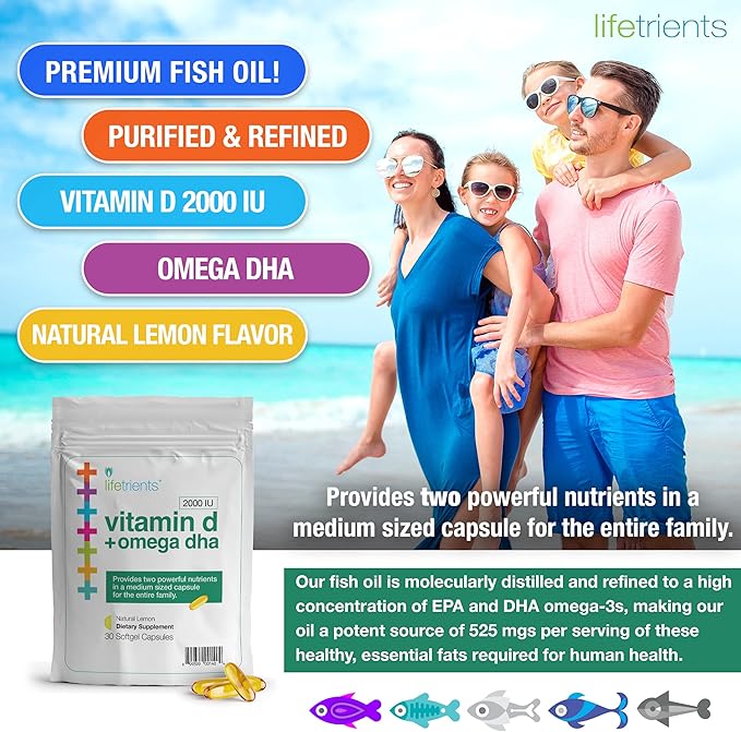 Lifetrients - Premium Omega-3 Fish Oil &amp Vitamin D3 Softgel Capsules - 375mg DHA Boost + 2000 IU - Zesty Lemon Flavor Fish Oil Supplements for Women and Men - USA Made - Heart &amp Brain Health -