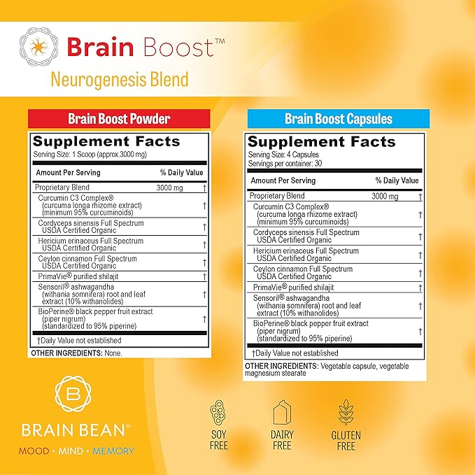 Brain Boost Capsules | with Curcumin Cordyceps Hericium Ceylon Cinnamon Purified Shilajit and Ashwagandha | 30 Servings