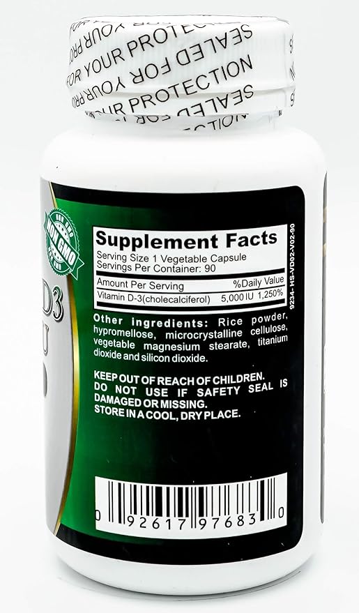 Vitamin D3 5000 IU 90 Capsules Supports Joints Bones and Help with Absorption of Calcium and Easy Movement Made in USA Manufactured FDA Registered Facility