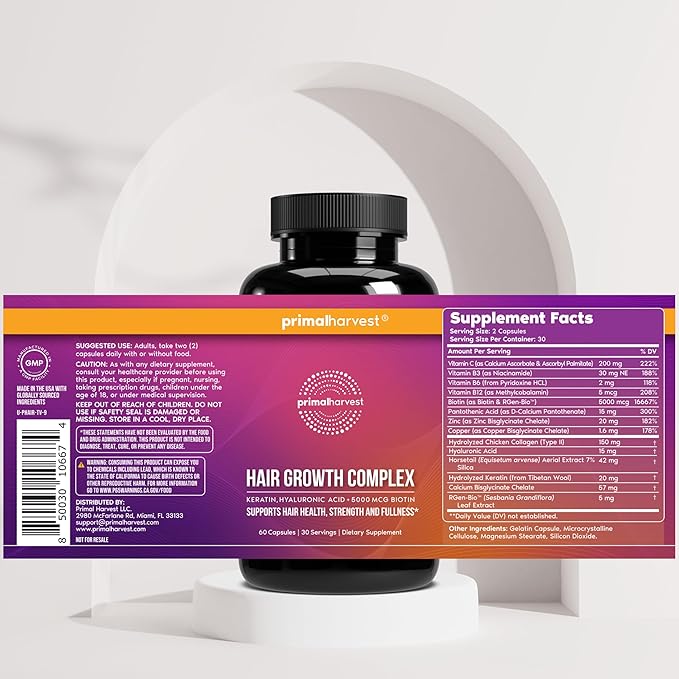 Primal Harvest Hair Growth Vitamins Hair Growth for Women &amp Men - 60 Hair Growth Pills Natural Hair Thickening Products for w/Biotin &amp Zinc - Hair Supplement Regrowth Hair Vitamins