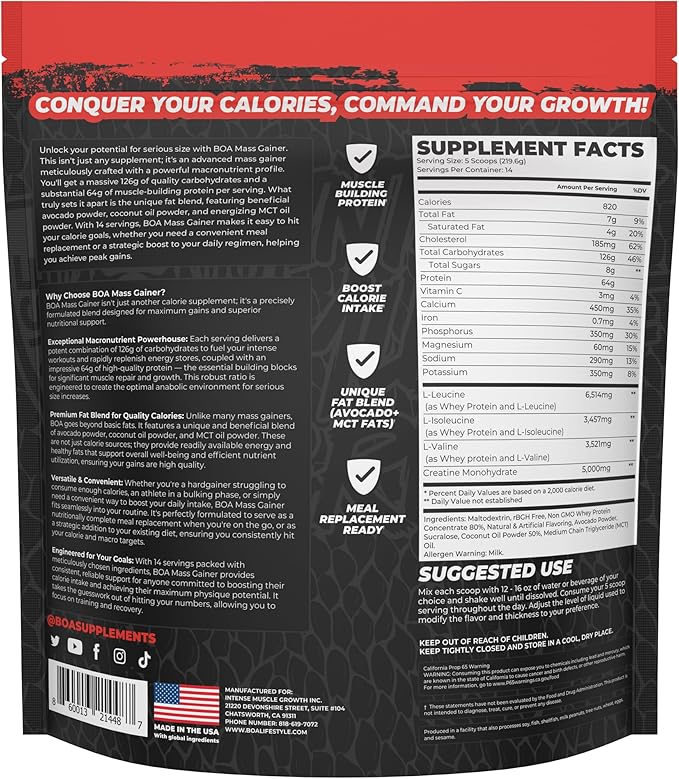 BOA Snakebite Mass Gainer Powder – 64g Protein 126g Carbs &amp 5g Creatine Per Serving – High Calorie Weight Gainer for Muscle Growth &amp Recovery – Chocolate Vanilla Cookie Butter (Cookie Butte